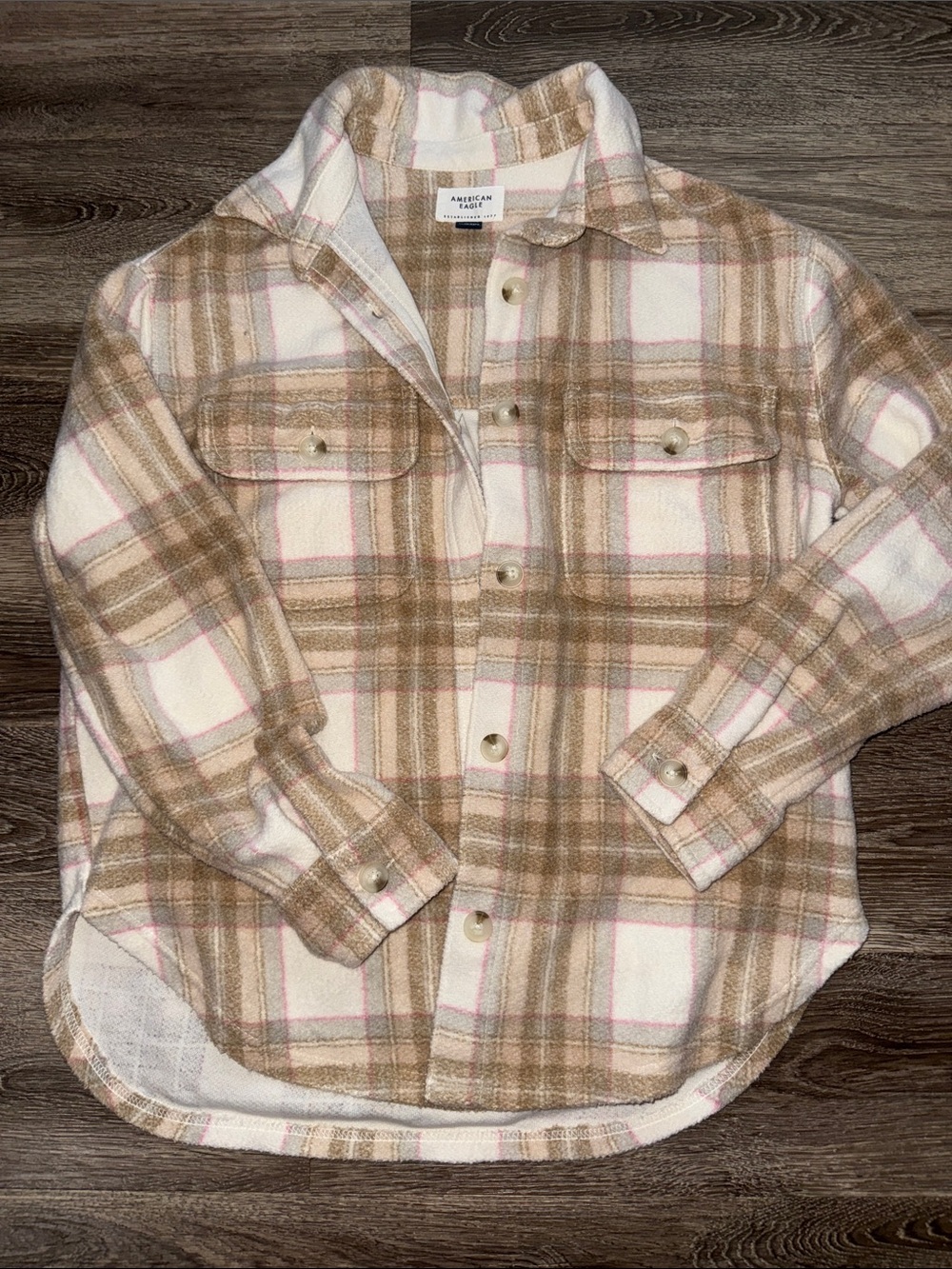 American Eagle Shacket Women's Size XS Sherpa Brown/Pink Flannel Plaid Fall Core